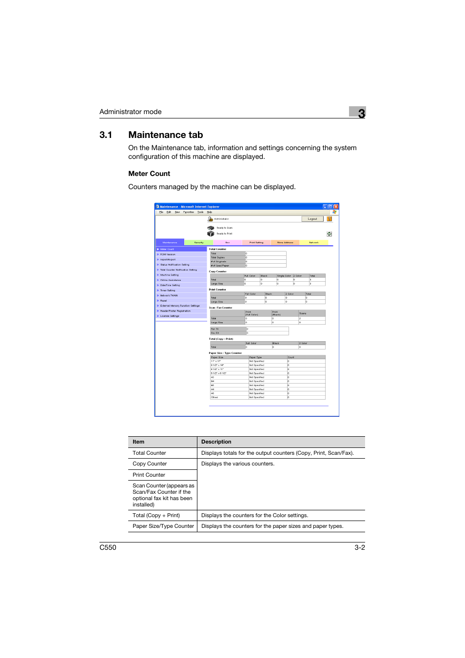 1 maintenance tab, Meter count, Maintenance tab -2 | Meter count -2 | Konica Minolta bizhub C550 User Manual | Page 109 / 243