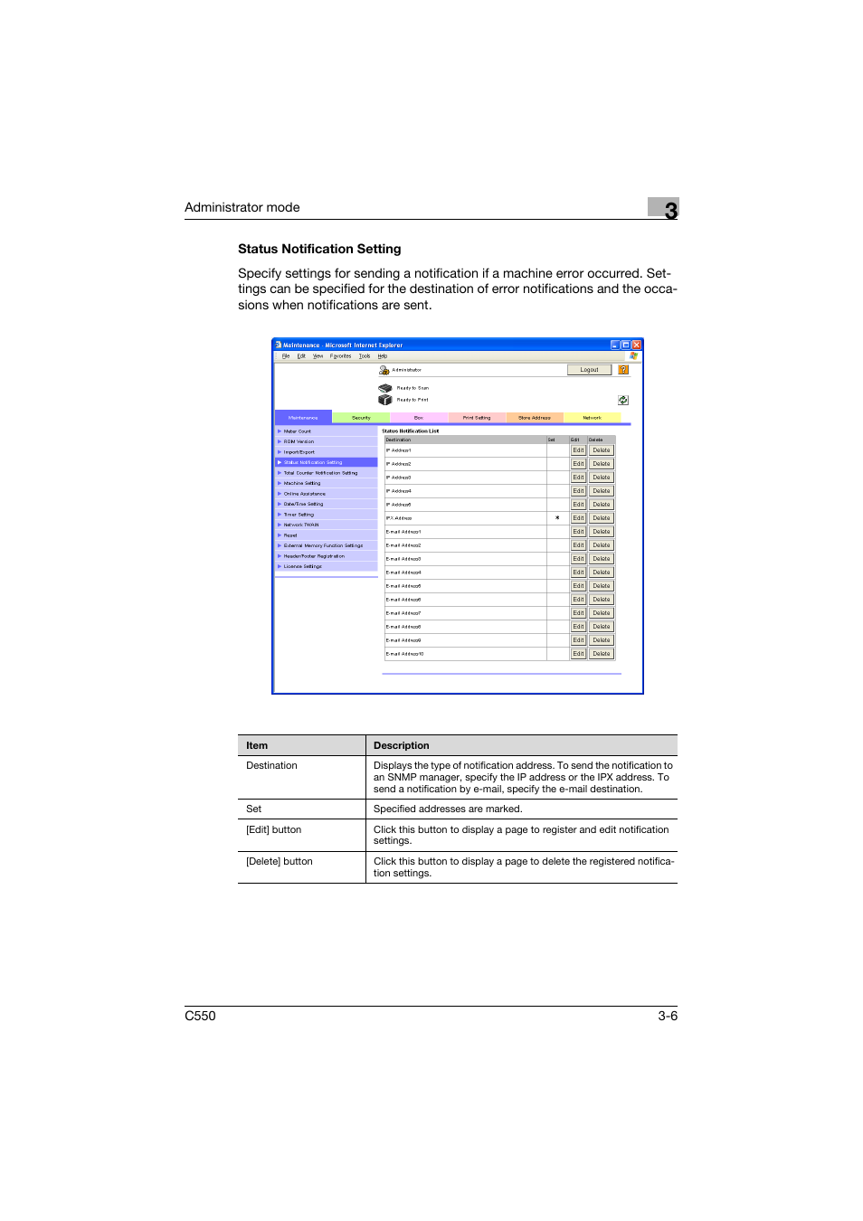 Status notification setting, Status notification setting -6 | Konica Minolta bizhub C550 User Manual | Page 113 / 243