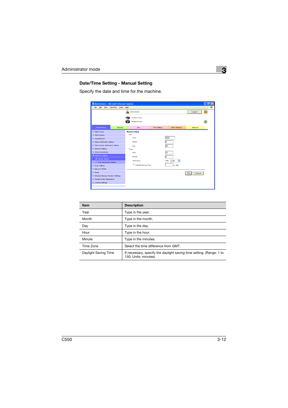 Date/time setting - manual setting, Date/time setting - manual setting -12 | Konica Minolta bizhub C550 User Manual | Page 119 / 243