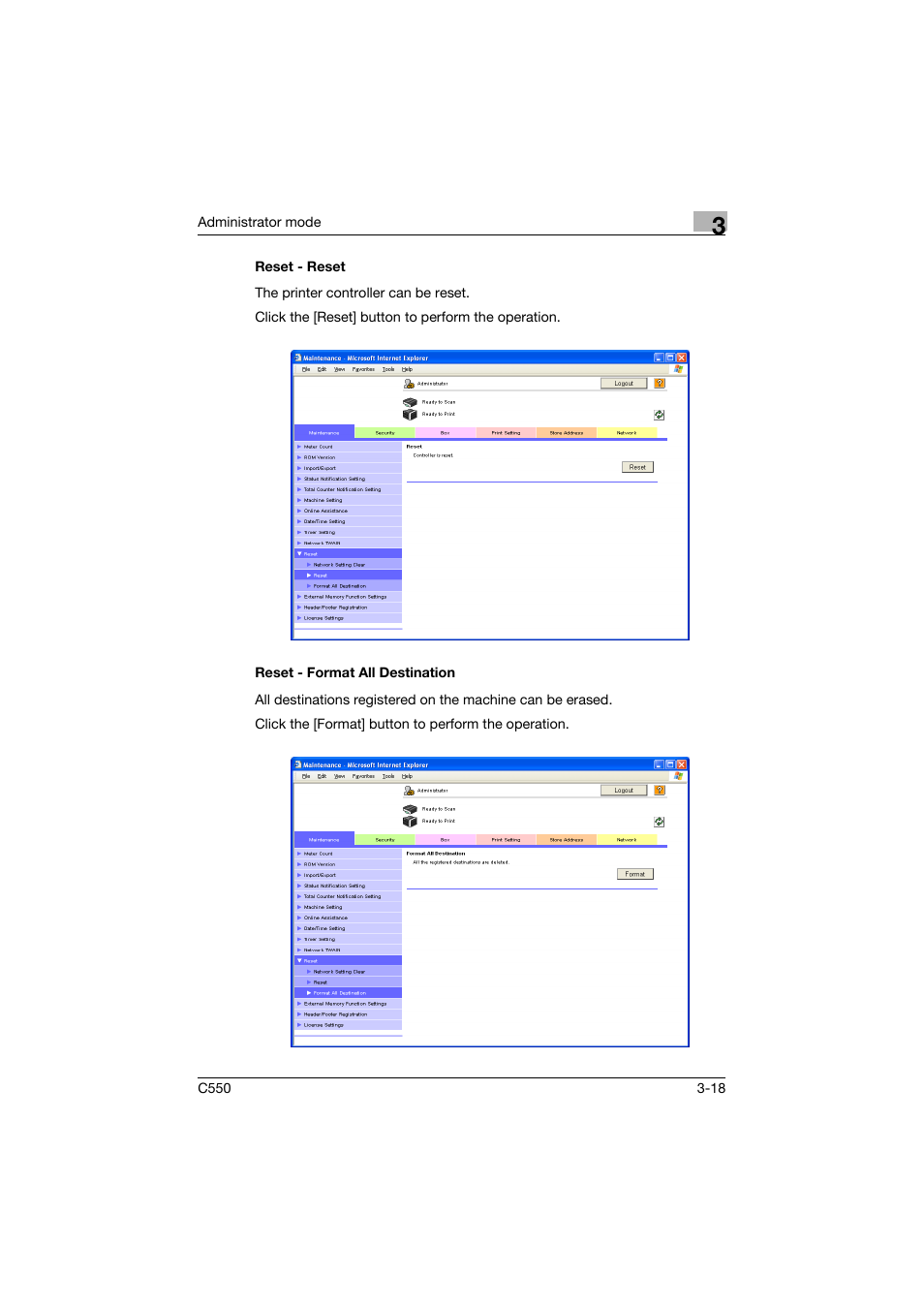 Reset - reset, Reset - format all destination | Konica Minolta bizhub C550 User Manual | Page 125 / 243