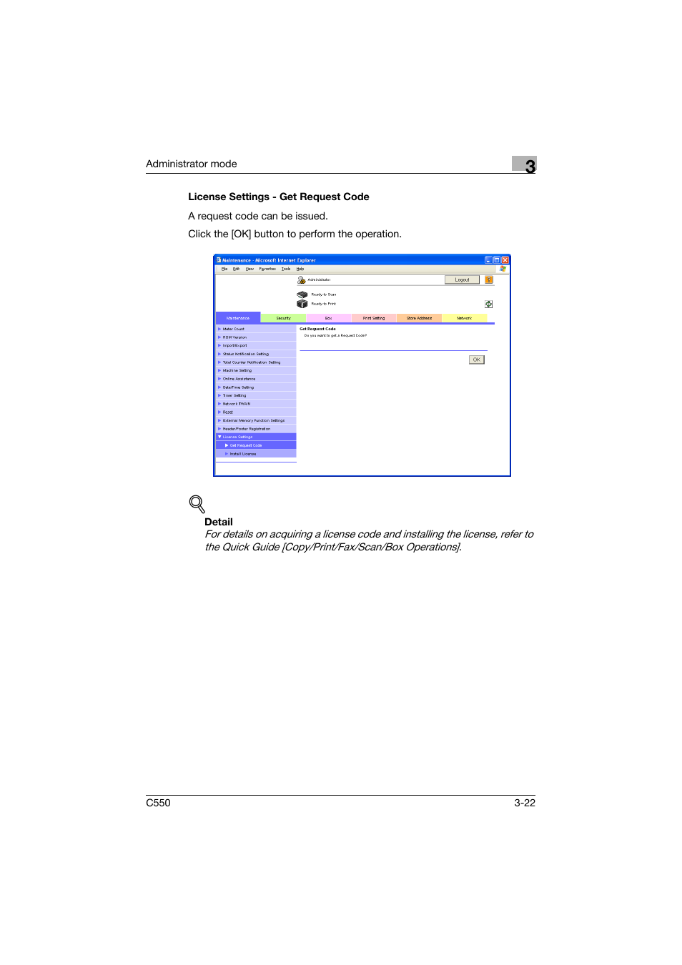 License settings - get request code, License settings - get request code -22 | Konica Minolta bizhub C550 User Manual | Page 129 / 243