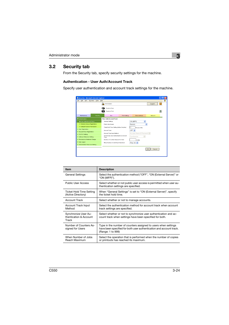2 security tab, Authentication - user auth/account track, Security tab -24 | Authentication - user auth/account track -24 | Konica Minolta bizhub C550 User Manual | Page 131 / 243