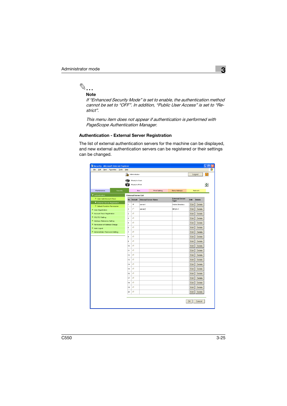 Authentication - external server registration, Authentication - external server registration -25 | Konica Minolta bizhub C550 User Manual | Page 132 / 243