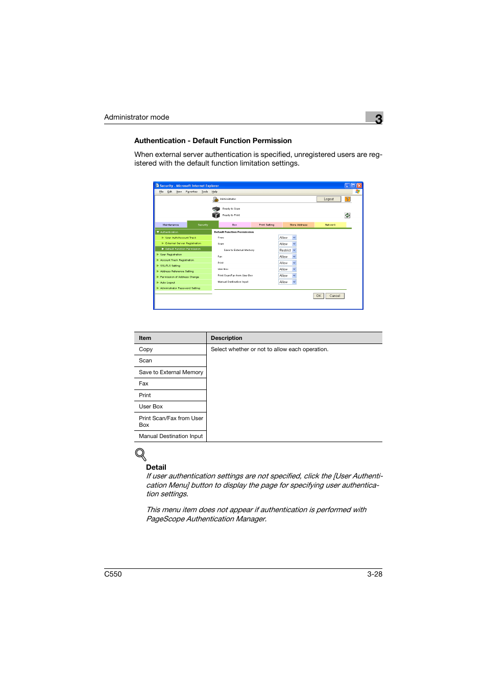 Authentication - default function permission, Authentication - default function permission -28 | Konica Minolta bizhub C550 User Manual | Page 135 / 243