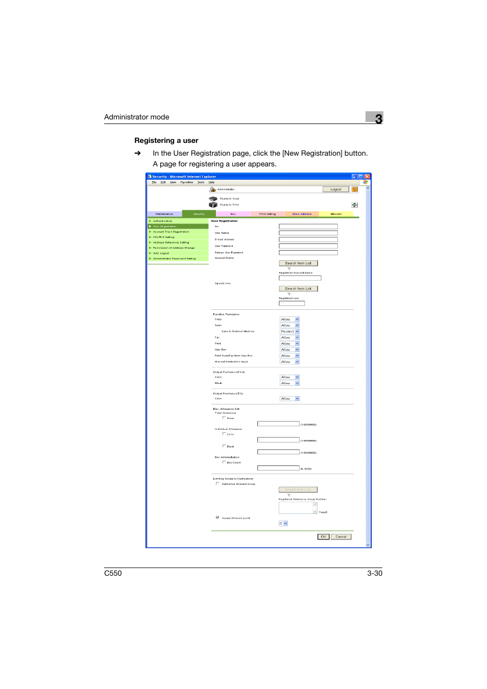 Registering a user, Registering a user -30 | Konica Minolta bizhub C550 User Manual | Page 137 / 243