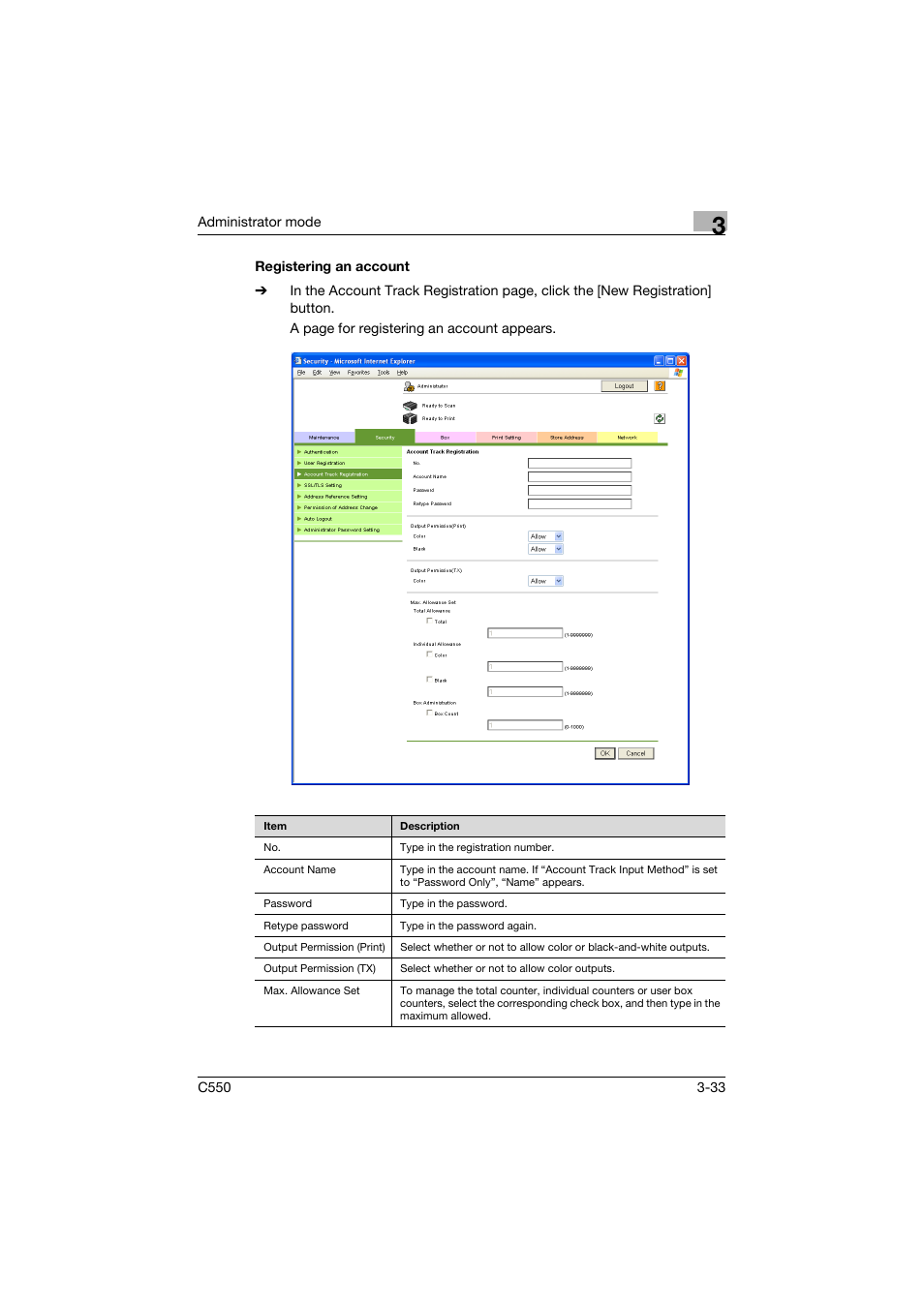 Registering an account, Registering an account -33 | Konica Minolta bizhub C550 User Manual | Page 140 / 243