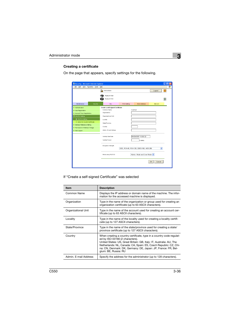 Creating a certificate, Creating a certificate -36 | Konica Minolta bizhub C550 User Manual | Page 143 / 243