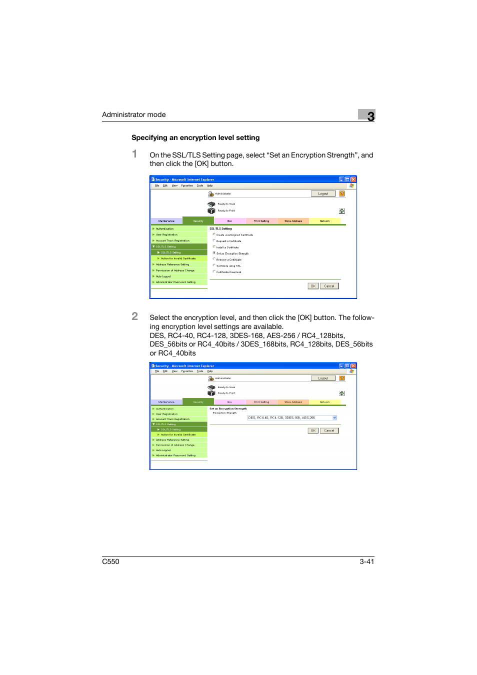 Specifying an encryption level setting, Specifying an encryption level setting -41 | Konica Minolta bizhub C550 User Manual | Page 148 / 243