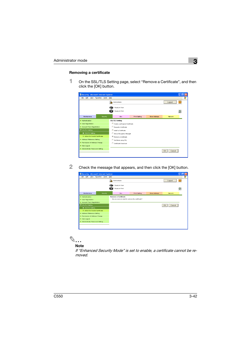 Removing a certificate, Removing a certificate -42 | Konica Minolta bizhub C550 User Manual | Page 149 / 243