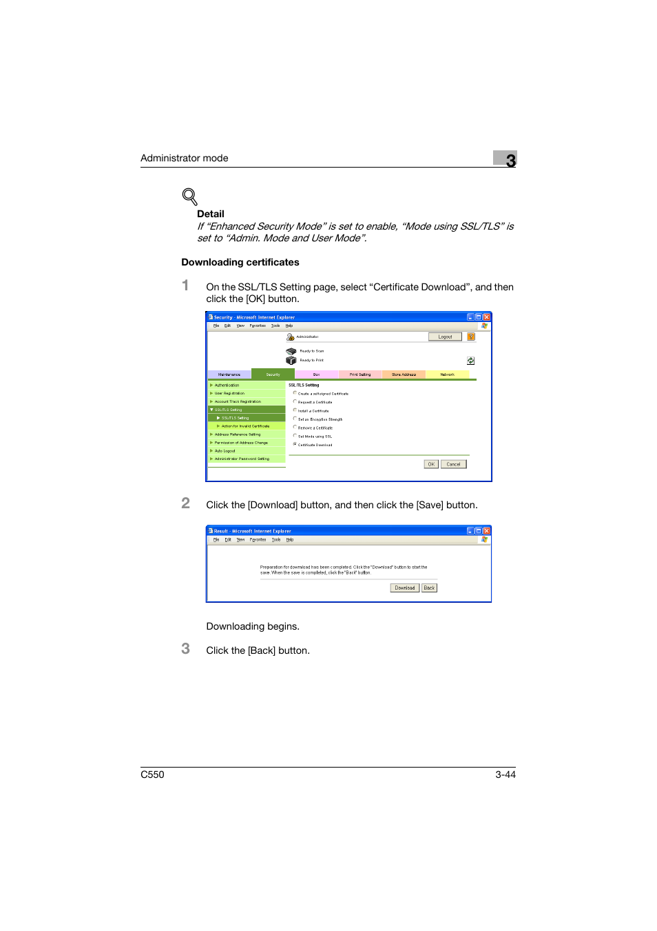 Downloading certificates, Downloading certificates -44 | Konica Minolta bizhub C550 User Manual | Page 151 / 243