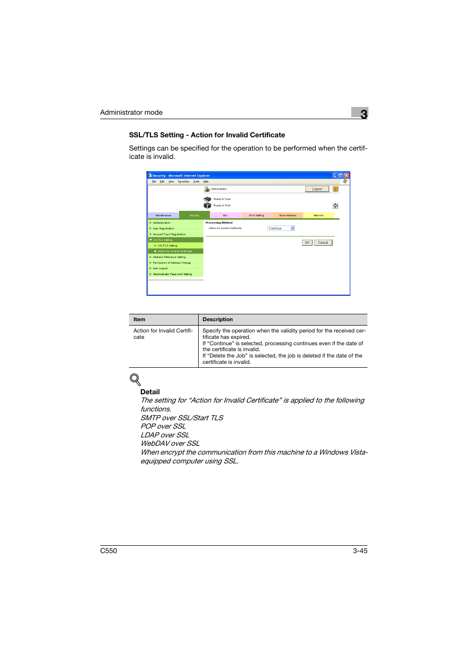 Ssl/tls setting - action for invalid certificate | Konica Minolta bizhub C550 User Manual | Page 152 / 243