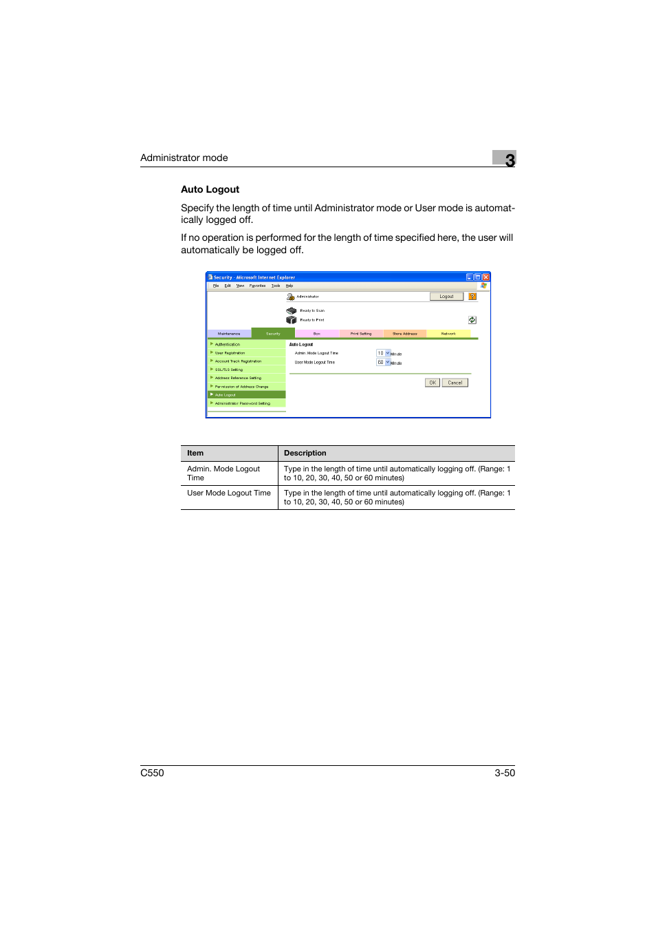 Auto logout, Auto logout -50 | Konica Minolta bizhub C550 User Manual | Page 157 / 243