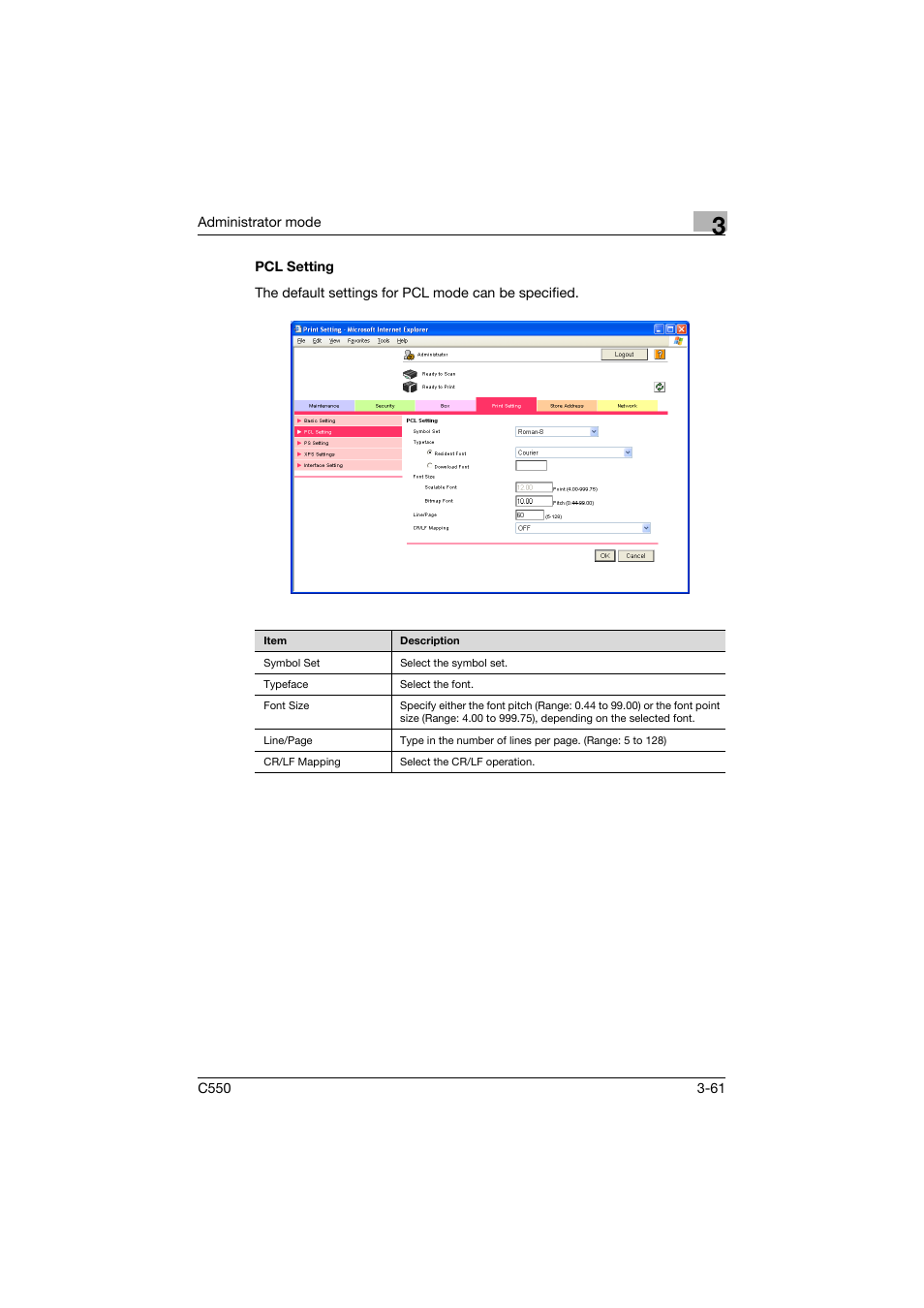 Pcl setting, Pcl setting -61 | Konica Minolta bizhub C550 User Manual | Page 168 / 243