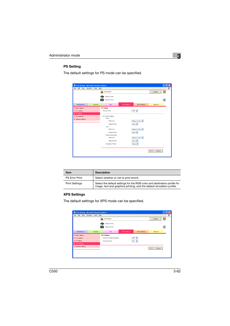 Ps setting, Xps settings, Ps setting -62 xps settings -62 | Konica Minolta bizhub C550 User Manual | Page 169 / 243