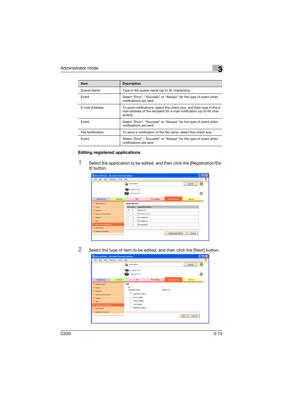 Editing registered applications, Editing registered applications -74 | Konica Minolta bizhub C550 User Manual | Page 181 / 243