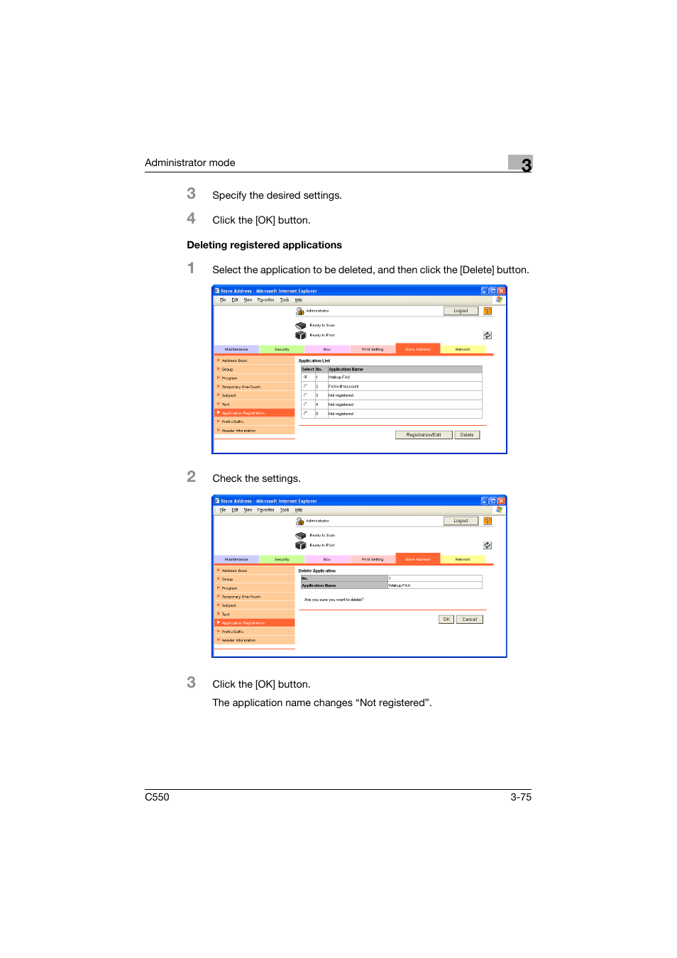 Deleting registered applications, Deleting registered applications -75 | Konica Minolta bizhub C550 User Manual | Page 182 / 243