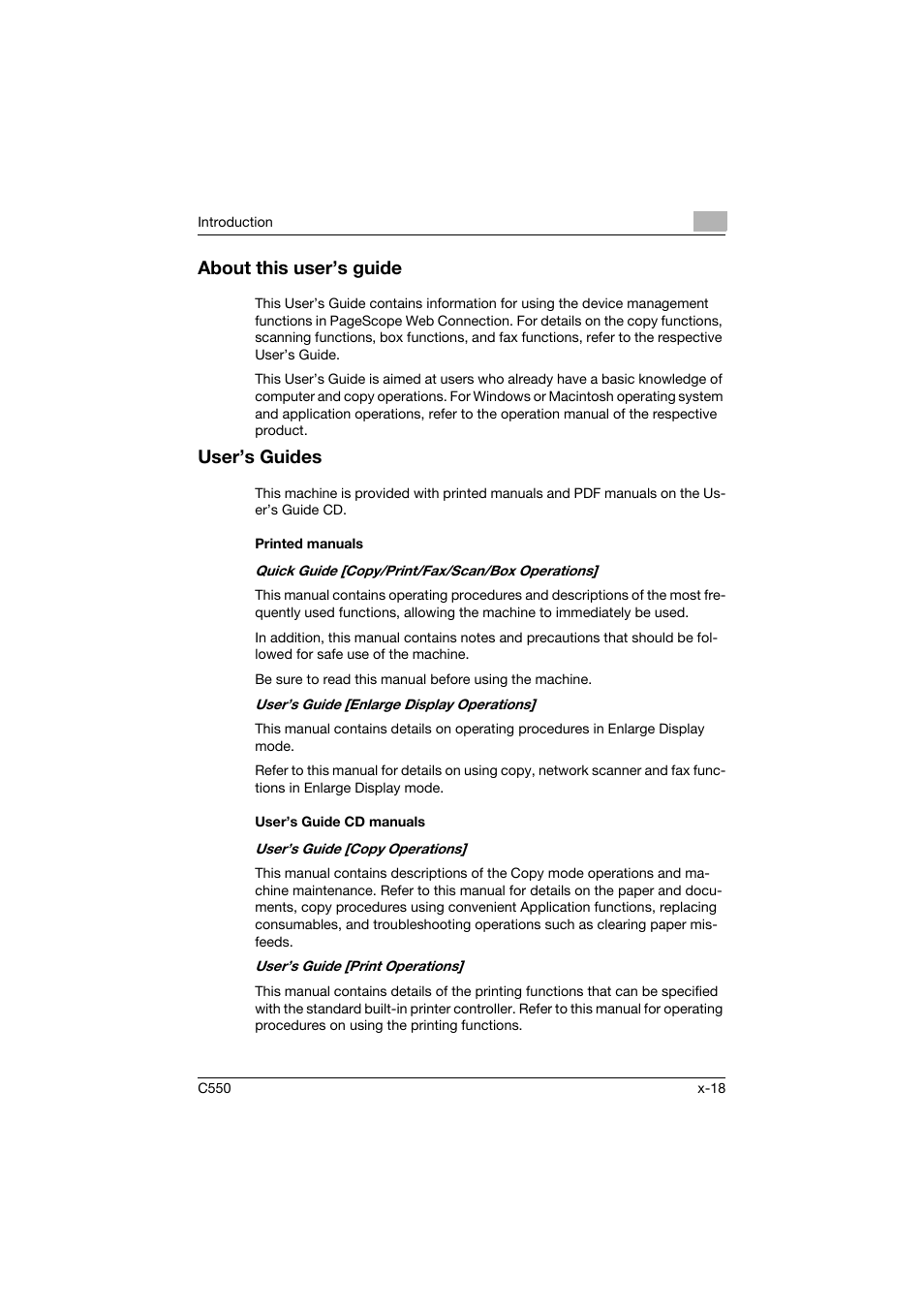 About this user’s guide, User’s guides, Printed manuals | User’s guide cd manuals | Konica Minolta bizhub C550 User Manual | Page 19 / 243