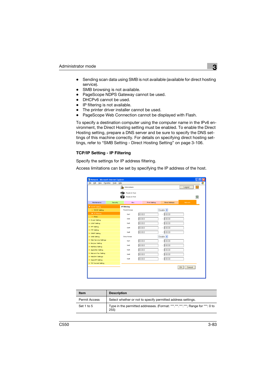 Tcp/ip setting - ip filtering, Tcp/ip setting - ip filtering -83 | Konica Minolta bizhub C550 User Manual | Page 190 / 243