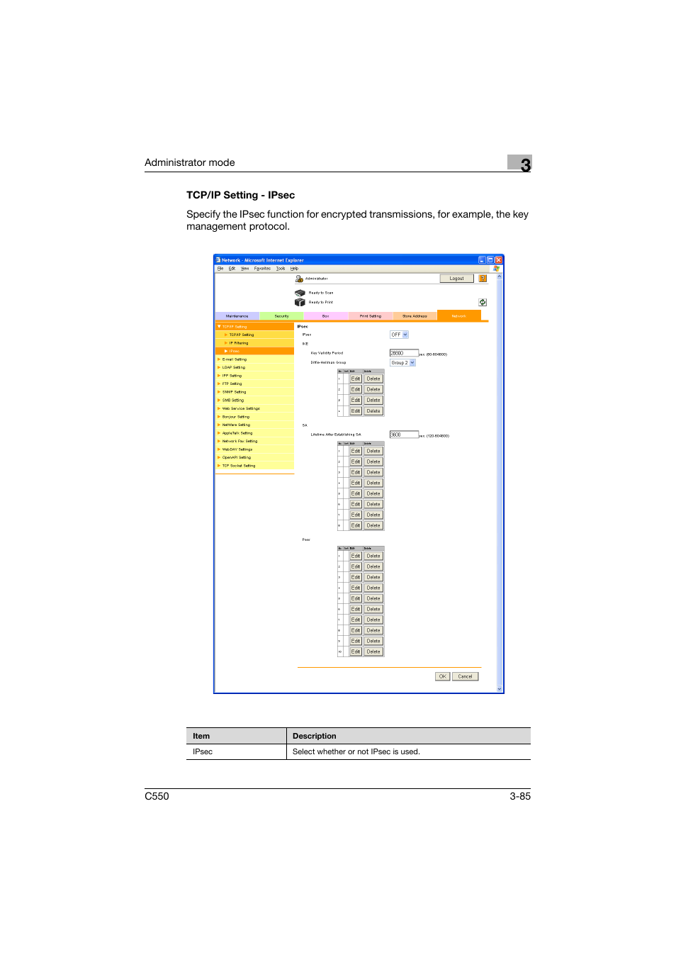 Tcp/ip setting - ipsec, Tcp/ip setting - ipsec -85 | Konica Minolta bizhub C550 User Manual | Page 192 / 243