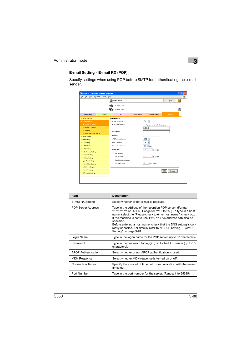 E-mail setting - e-mail rx (pop), E-mail setting - e-mail rx (pop) -88 | Konica Minolta bizhub C550 User Manual | Page 195 / 243