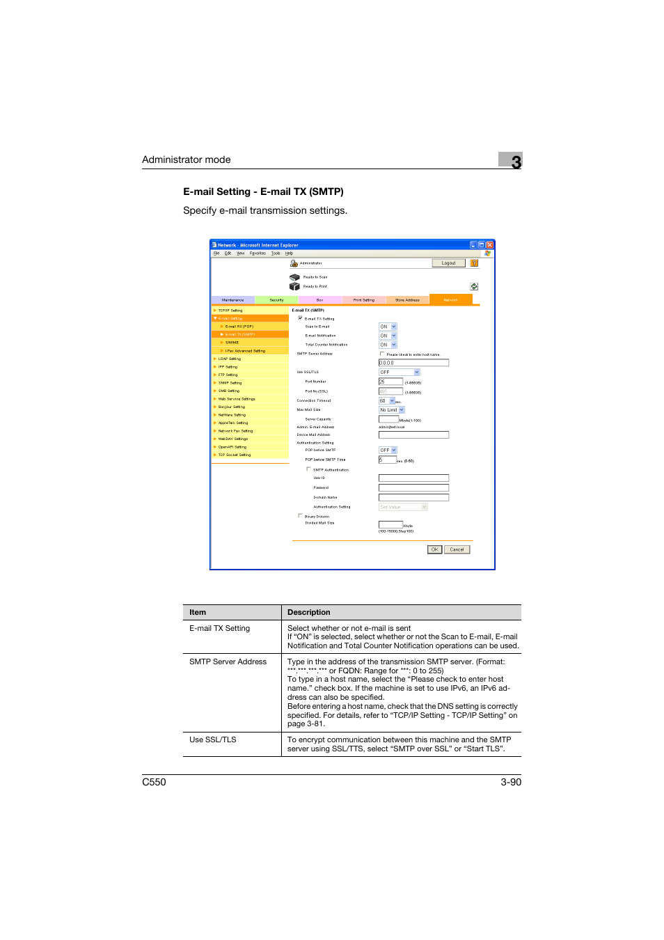 E-mail setting - e-mail tx (smtp), E-mail setting - e-mail tx (smtp) -90 | Konica Minolta bizhub C550 User Manual | Page 197 / 243