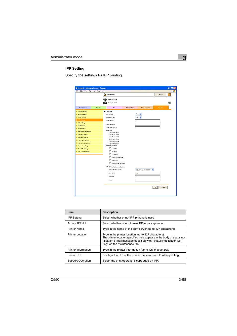 Ipp setting, Ipp setting -98 | Konica Minolta bizhub C550 User Manual | Page 205 / 243