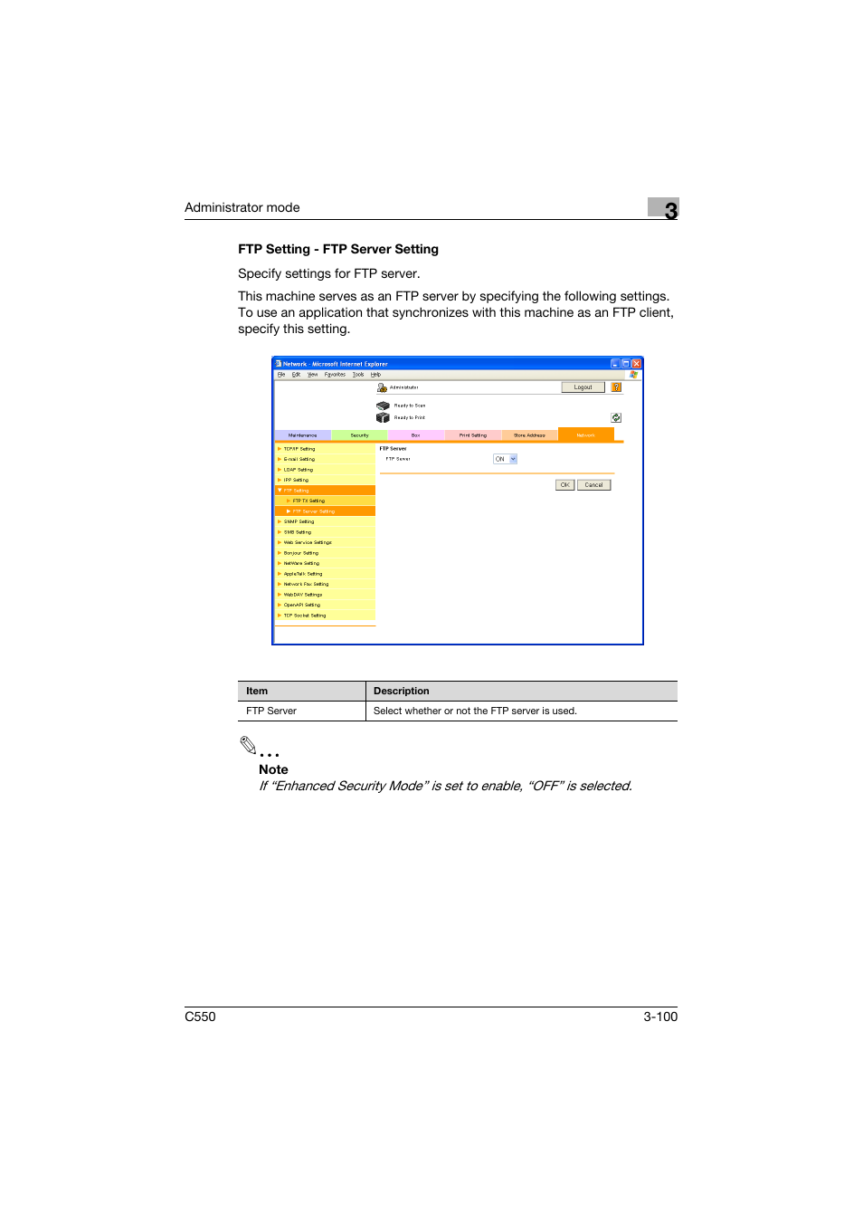 Ftp setting - ftp server setting, Ftp setting - ftp server setting -100 | Konica Minolta bizhub C550 User Manual | Page 207 / 243