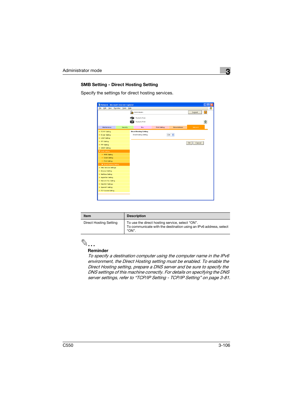 Smb setting - direct hosting setting, Smb setting - direct hosting setting -106 | Konica Minolta bizhub C550 User Manual | Page 213 / 243