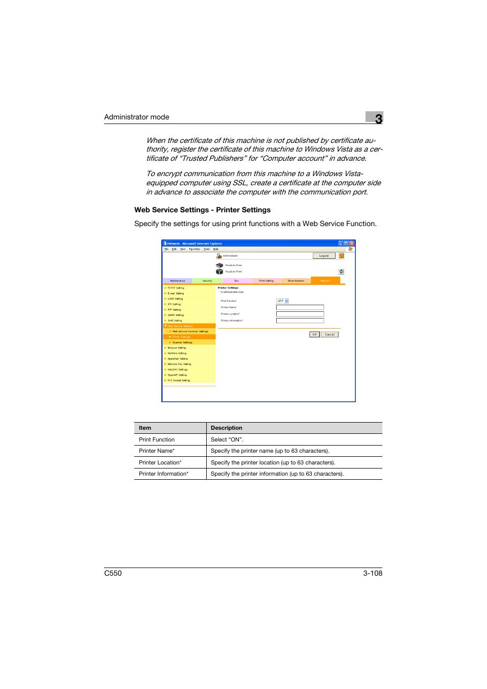 Web service settings - printer settings, Web service settings - printer settings -108 | Konica Minolta bizhub C550 User Manual | Page 215 / 243