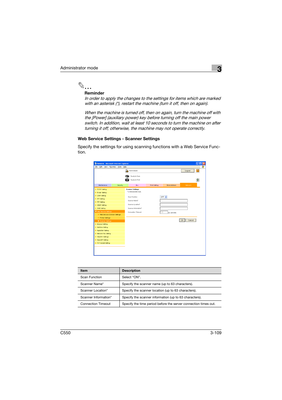 Web service settings - scanner settings, Web service settings - scanner settings -109 | Konica Minolta bizhub C550 User Manual | Page 216 / 243
