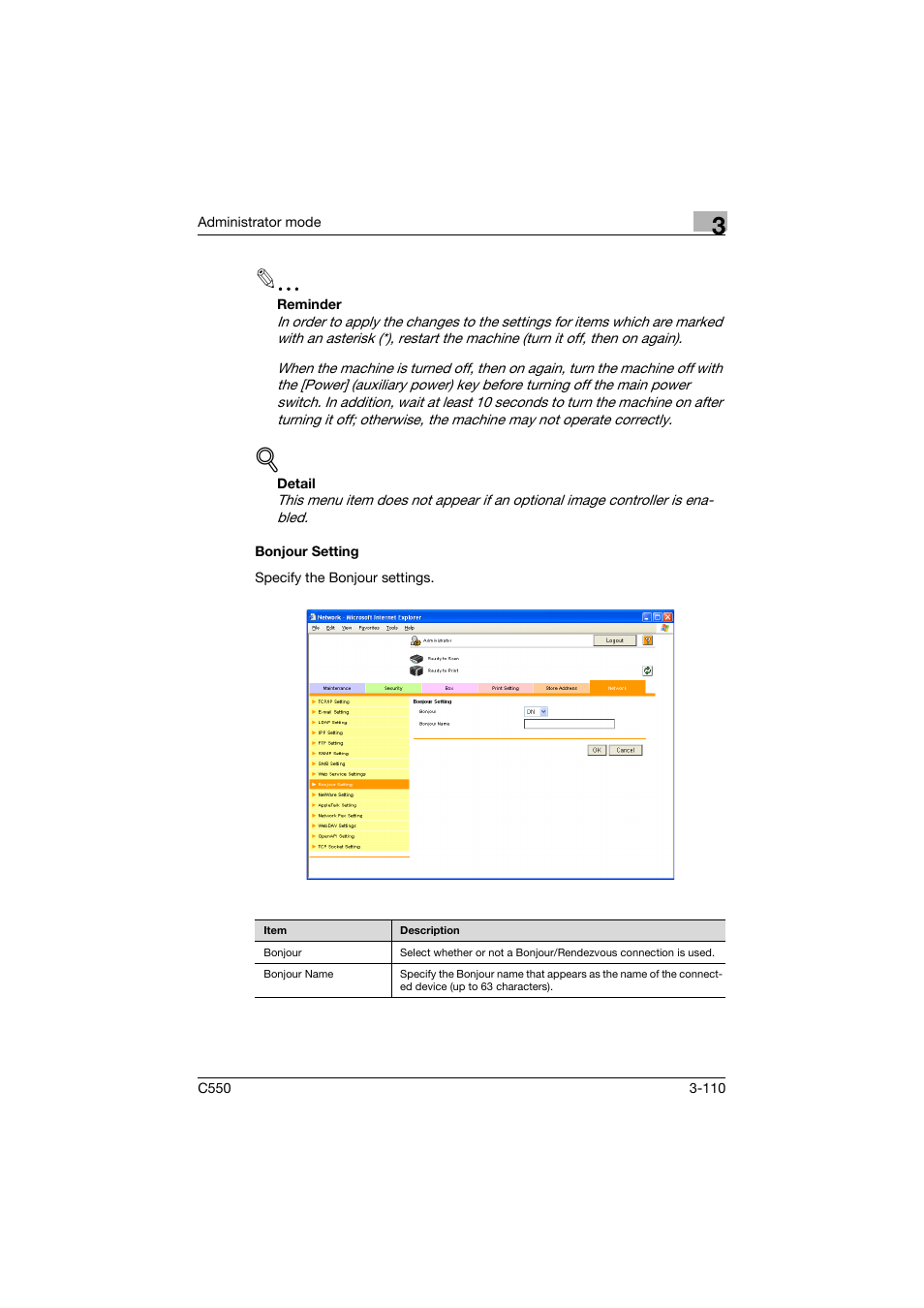 Bonjour setting, Bonjour setting -110 | Konica Minolta bizhub C550 User Manual | Page 217 / 243