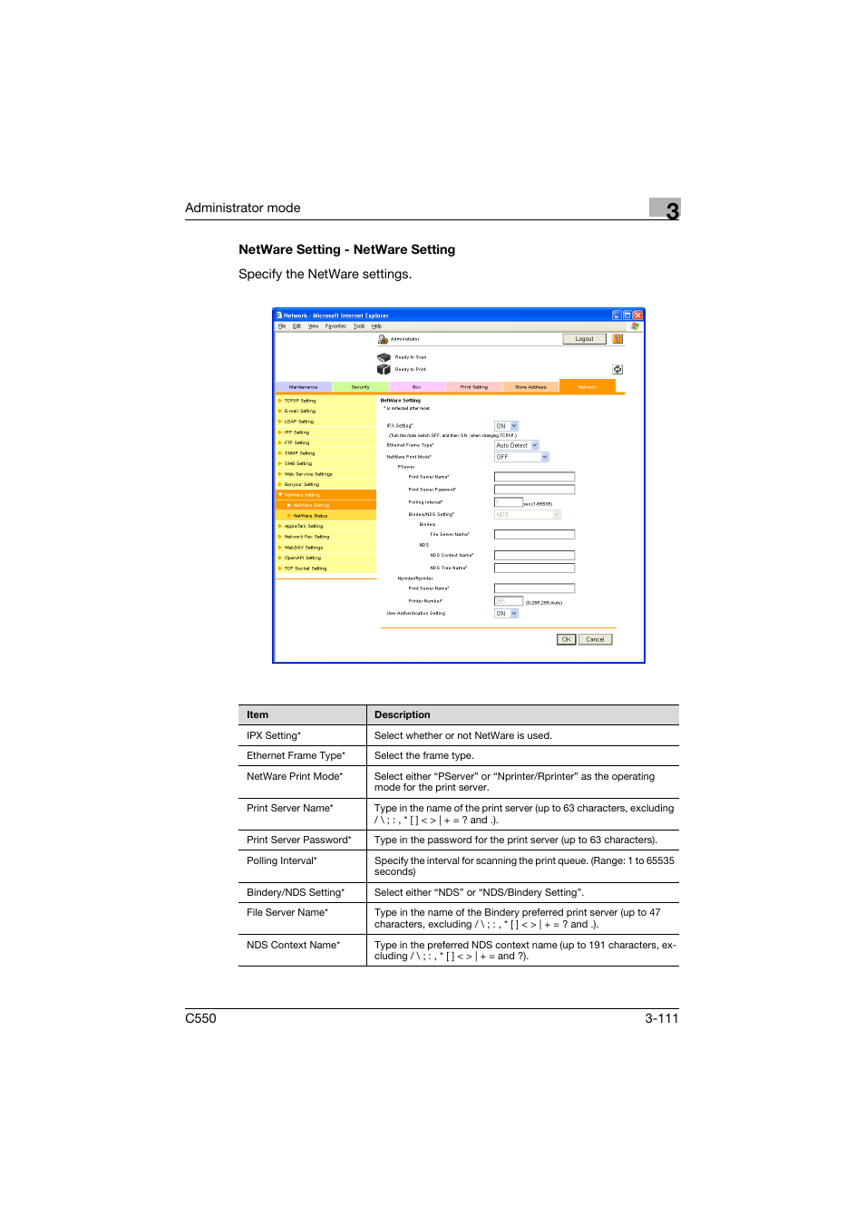 Netware setting - netware setting, Netware setting - netware setting -111 | Konica Minolta bizhub C550 User Manual | Page 218 / 243