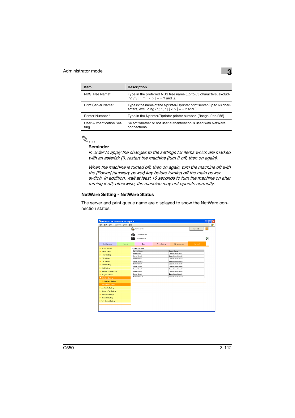 Netware setting - netware status, Netware setting - netware status -112 | Konica Minolta bizhub C550 User Manual | Page 219 / 243