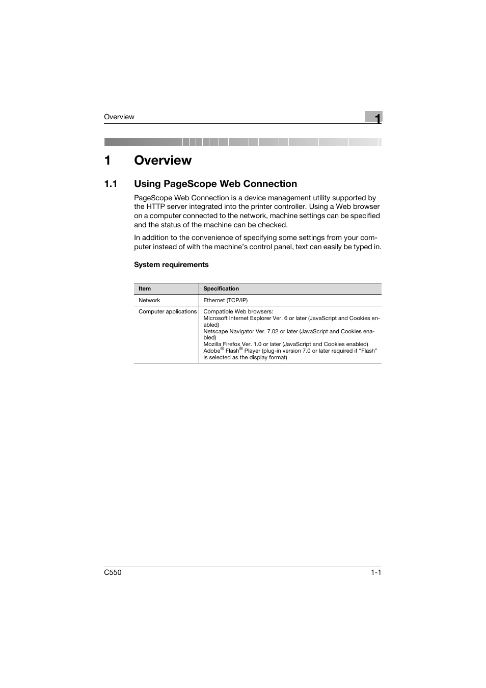 1 overview, System requirements, Overview | System requirements -1, 1overview, 1 using pagescope web connection | Konica Minolta bizhub C550 User Manual | Page 22 / 243