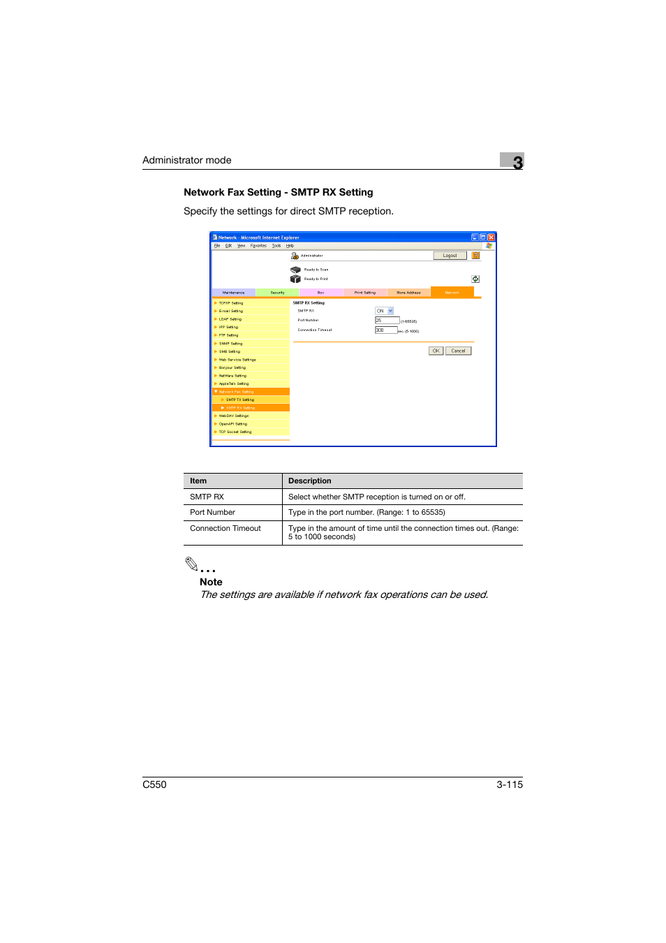 Network fax setting - smtp rx setting, Network fax setting - smtp rx setting -115 | Konica Minolta bizhub C550 User Manual | Page 222 / 243