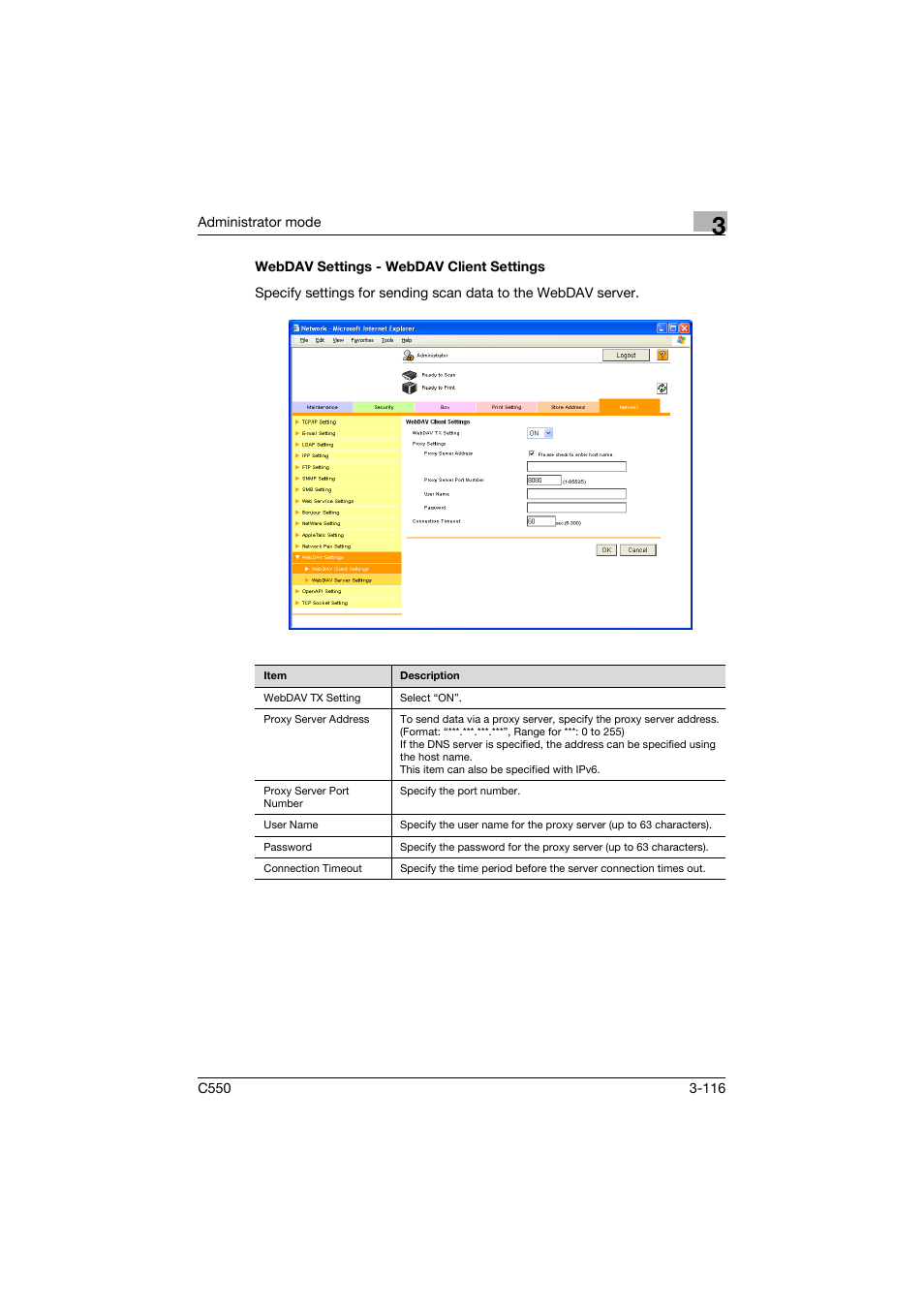 Webdav settings - webdav client settings, Webdav settings - webdav client settings -116 | Konica Minolta bizhub C550 User Manual | Page 223 / 243