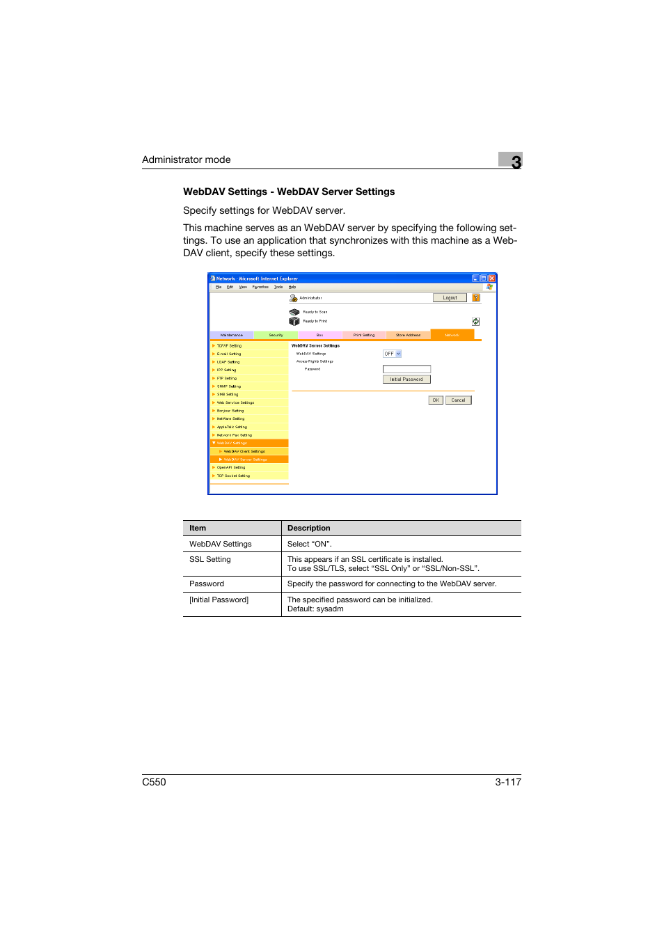 Webdav settings - webdav server settings, Webdav settings - webdav server settings -117 | Konica Minolta bizhub C550 User Manual | Page 224 / 243