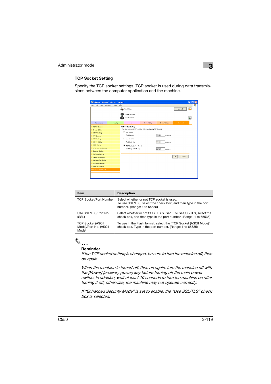 Tcp socket setting, Tcp socket setting -119 | Konica Minolta bizhub C550 User Manual | Page 226 / 243