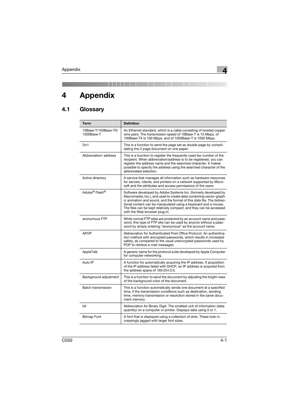 4 appendix, 1 glossary, Appendix | Glossary -1, 4appendix | Konica Minolta bizhub C550 User Manual | Page 228 / 243