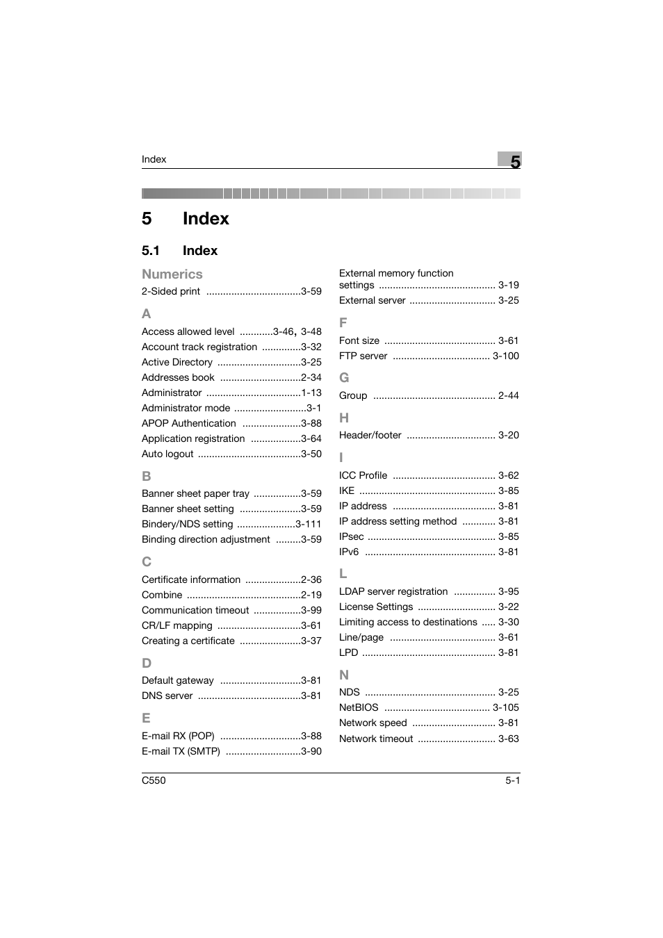 5 index, 1 index, A to n | Index, Index -1, 5index | Konica Minolta bizhub C550 User Manual | Page 241 / 243