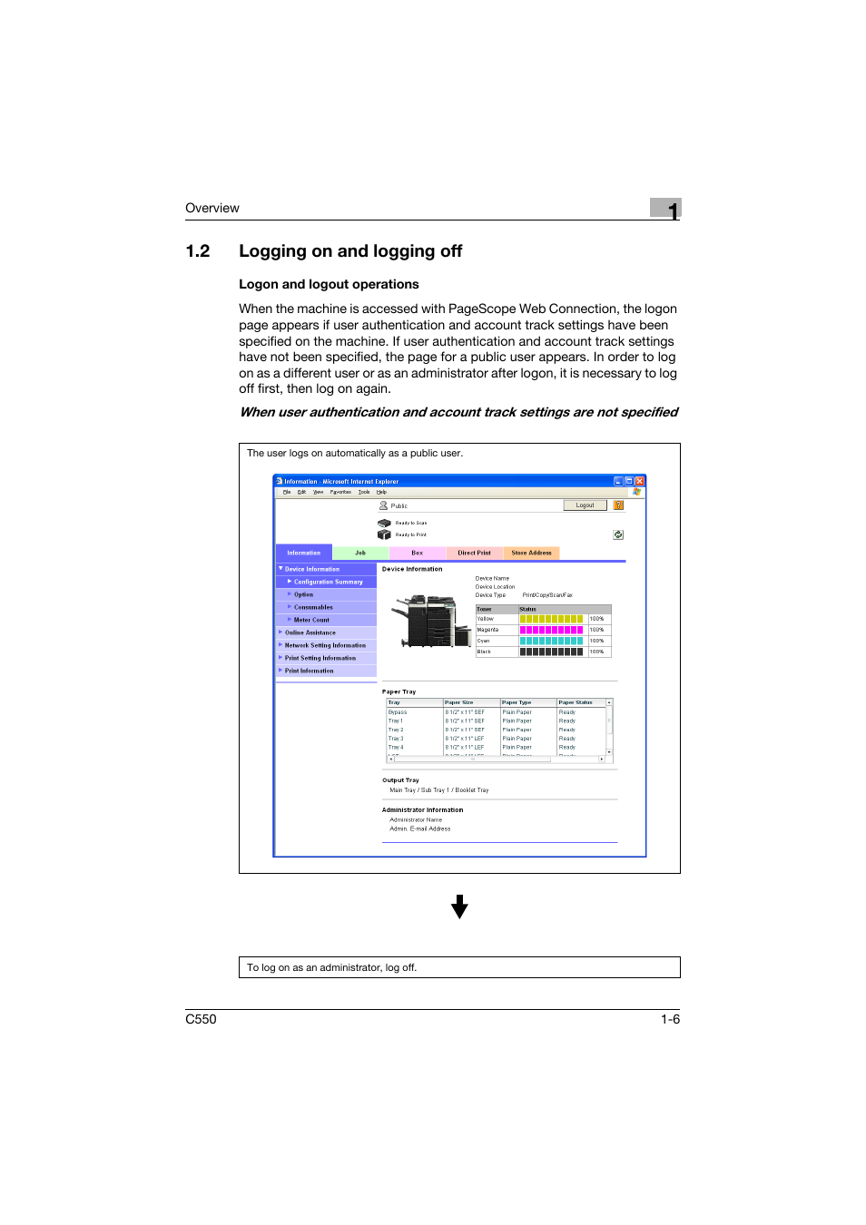 2 logging on and logging off, Logon and logout operations, Logging on and logging off -6 | Logon and logout operations -6 | Konica Minolta bizhub C550 User Manual | Page 27 / 243