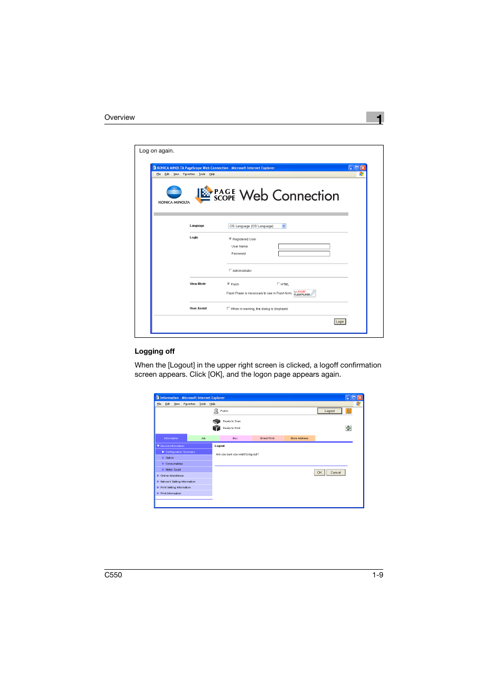 Logging off, Logging off -9 | Konica Minolta bizhub C550 User Manual | Page 30 / 243