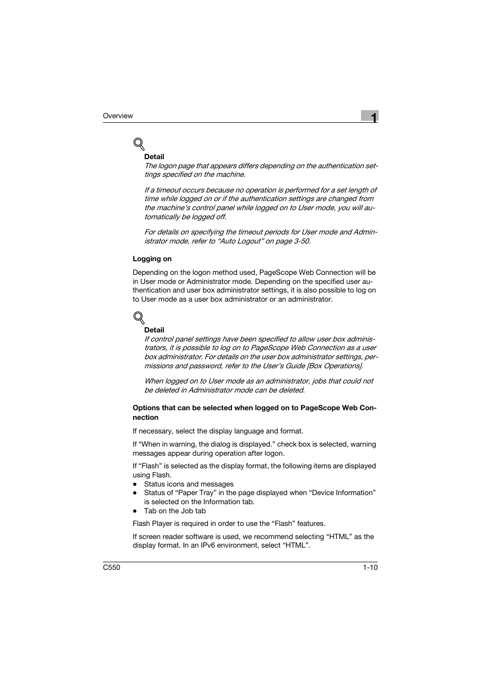 Logging on | Konica Minolta bizhub C550 User Manual | Page 31 / 243