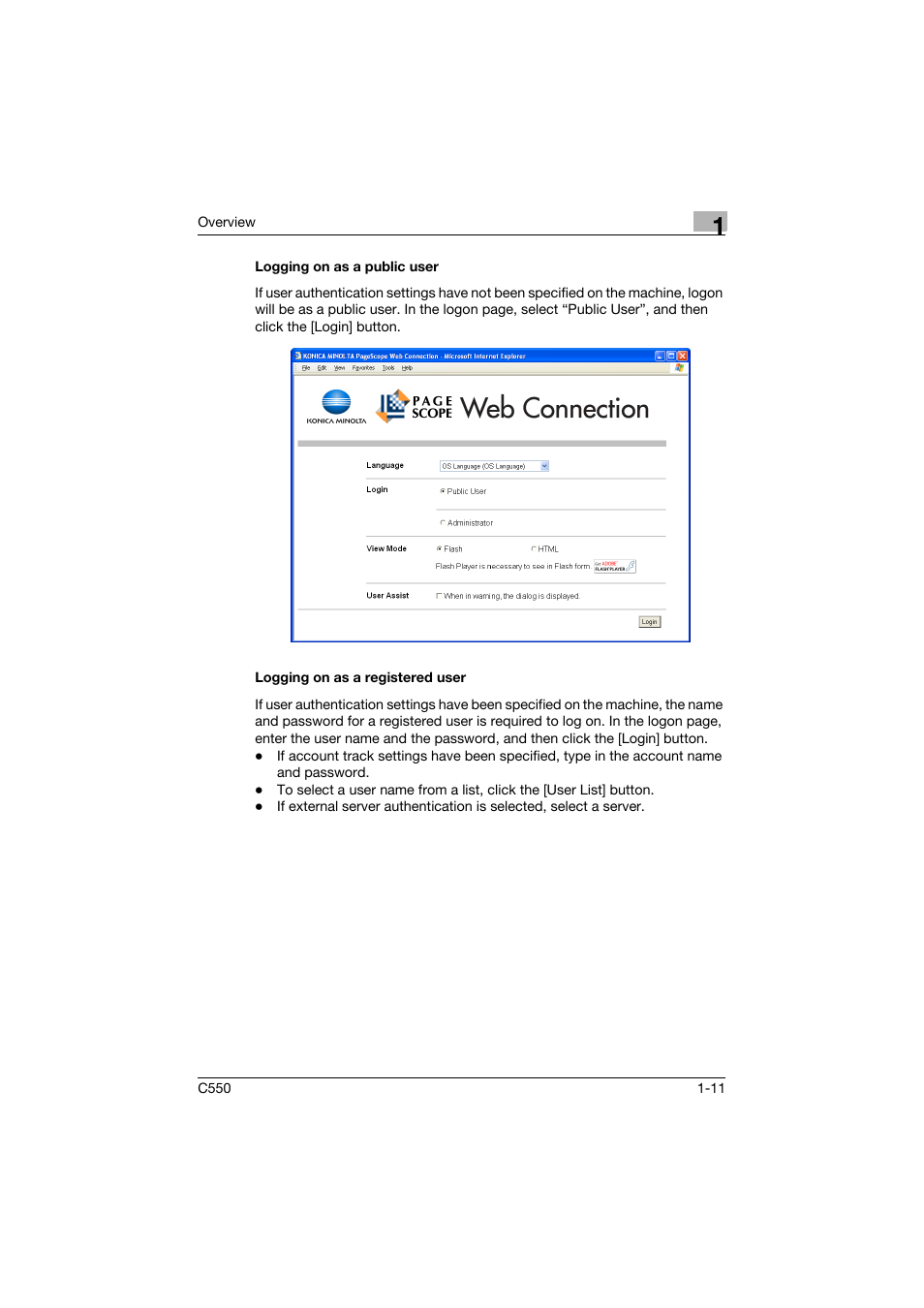 Logging on as a public user, Logging on as a registered user | Konica Minolta bizhub C550 User Manual | Page 32 / 243