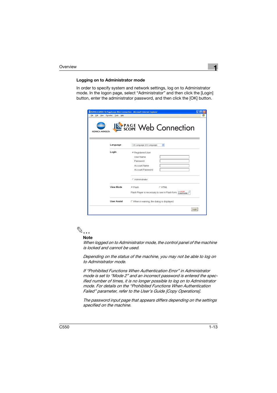 Logging on to administrator mode, Logging on to administrator mode -13 | Konica Minolta bizhub C550 User Manual | Page 34 / 243