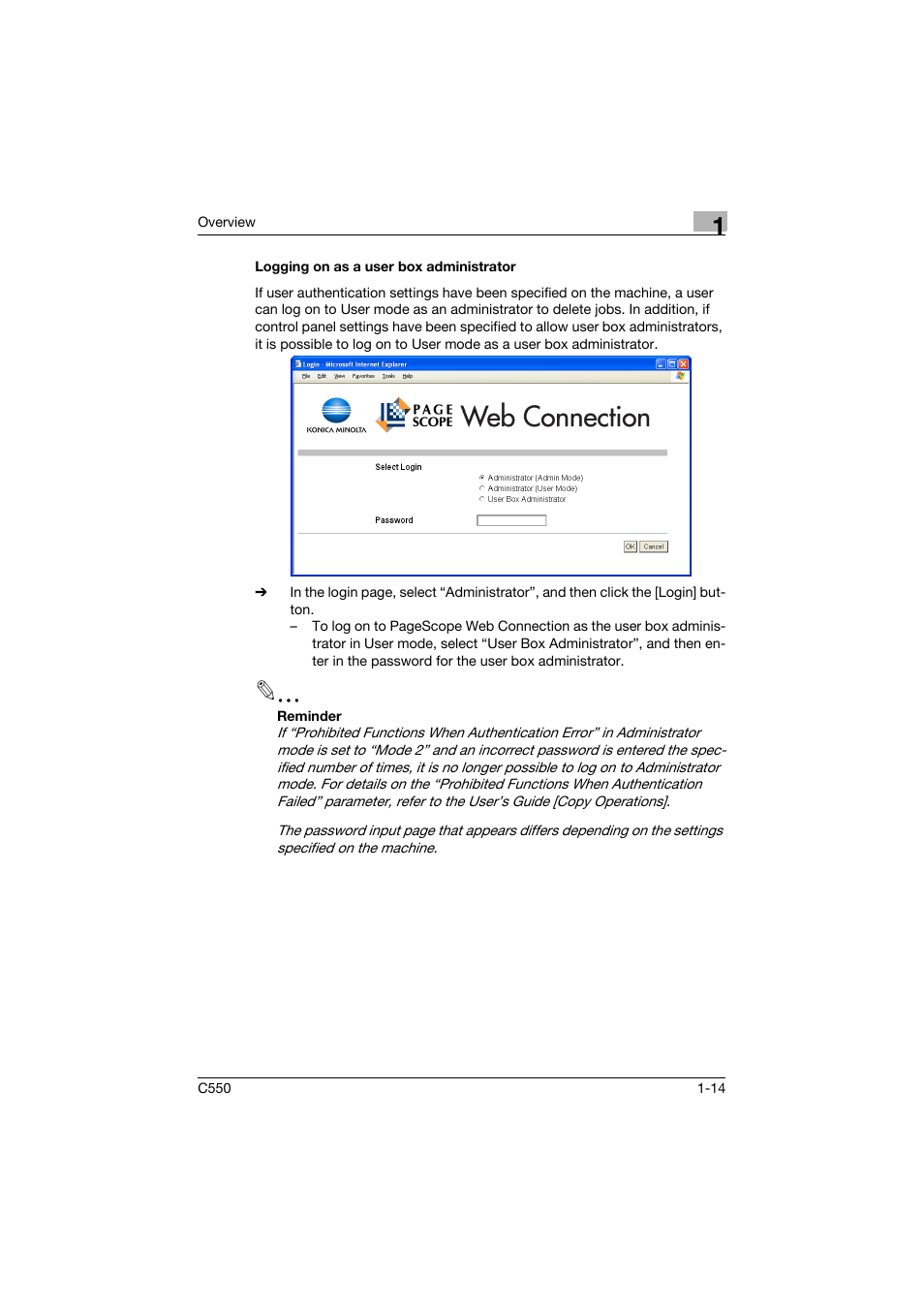 Logging on as a user box administrator, Logging on as a user box administrator -14 | Konica Minolta bizhub C550 User Manual | Page 35 / 243