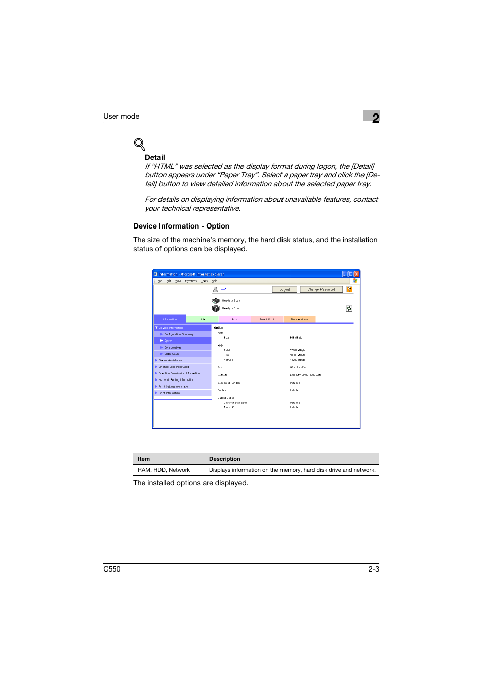Device information - option, Device information - option -3 | Konica Minolta bizhub C550 User Manual | Page 38 / 243