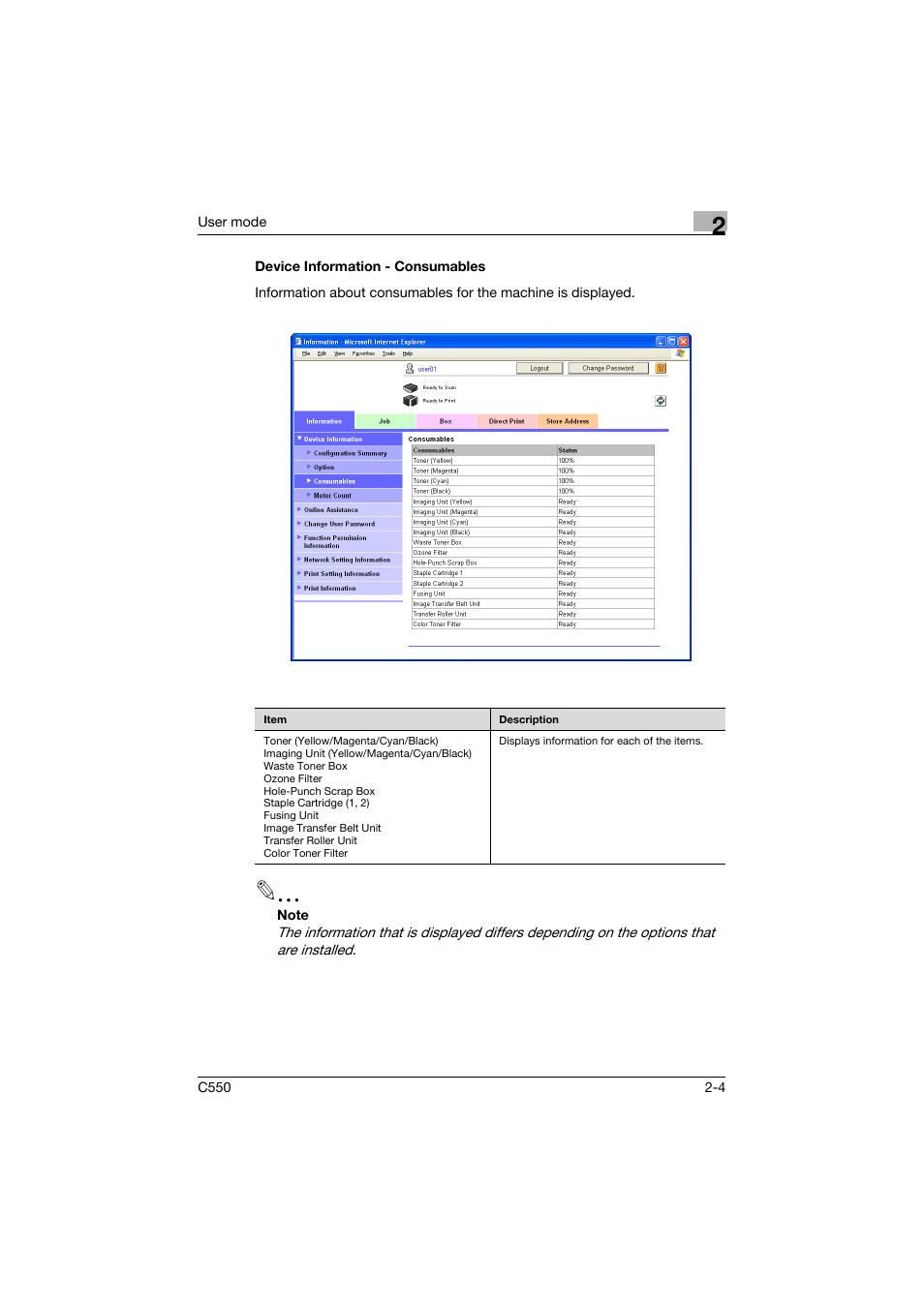 Device information - consumables, Device information - consumables -4 | Konica Minolta bizhub C550 User Manual | Page 39 / 243