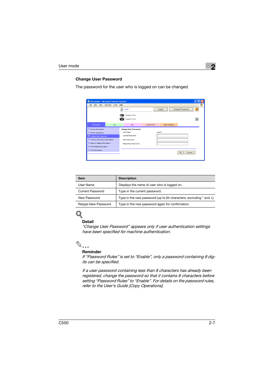 Change user password, Change user password -7 | Konica Minolta bizhub C550 User Manual | Page 42 / 243