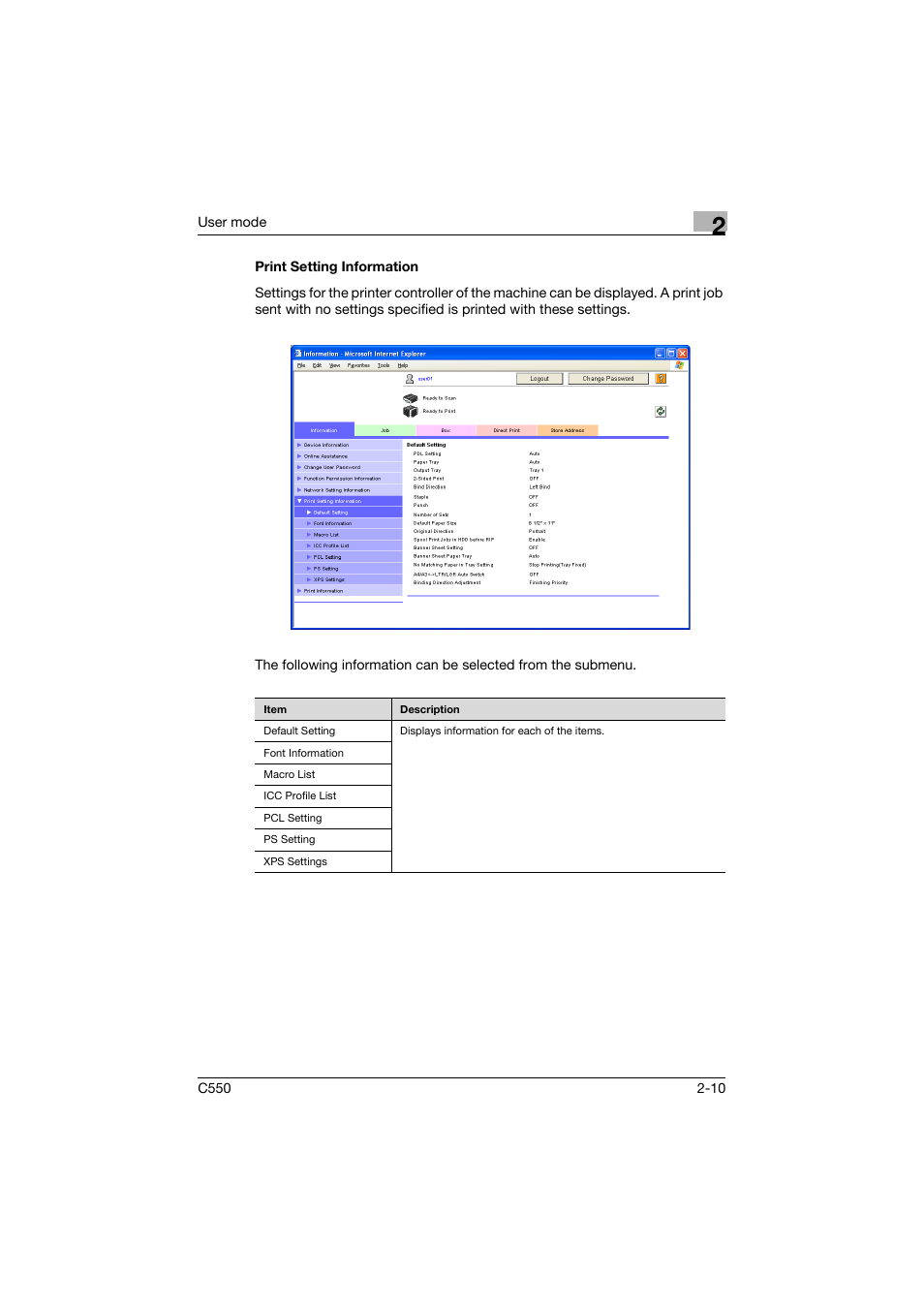 Print setting information, Print setting information -10 | Konica Minolta bizhub C550 User Manual | Page 45 / 243